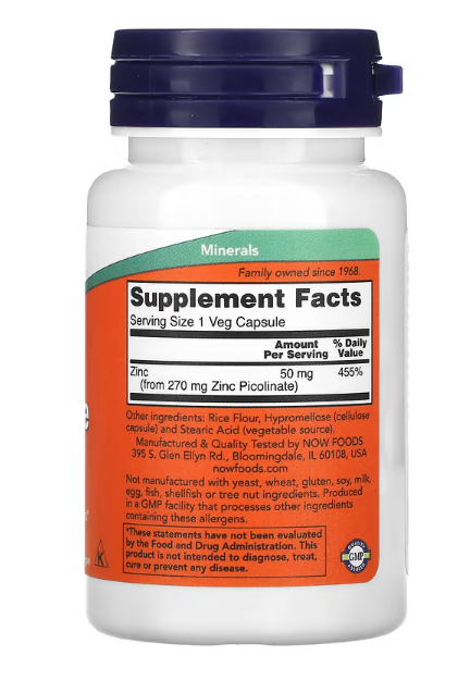 NOW Foods، بيكولينات الزنك، 50 مجم، 60 كبسولة نباتية (50 مجم لكل كبسولة)