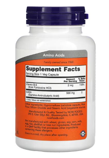 NOW Foods, GABA with Vitamin B-6, 500 mg, 100 Veg Capsules