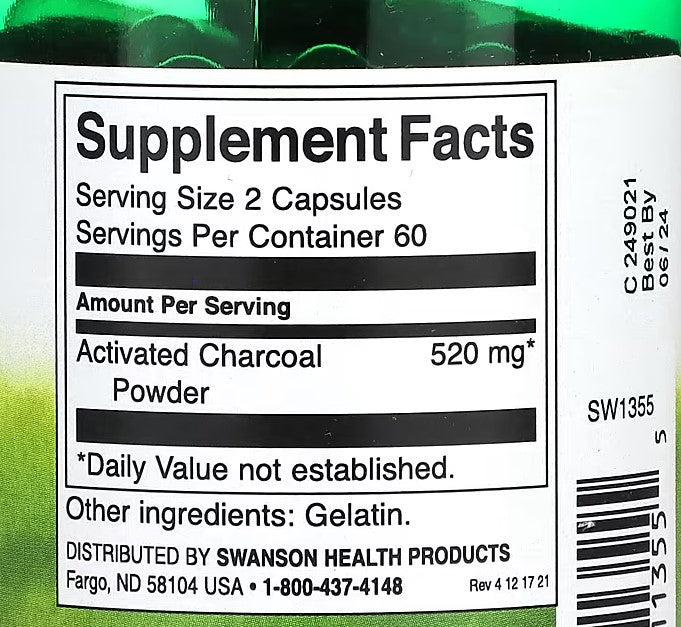 Swanson, Activated Charcoal, 260 mg, 120 Capsules