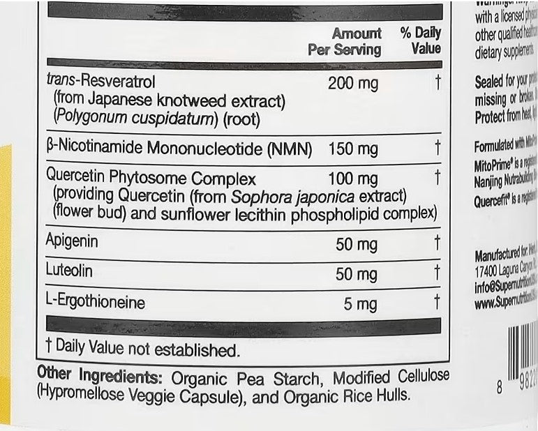 Super Nutrition, NMN Complex with trans-Resveratrol, Quercetin Phytosome Complex, Apigenin, and Luteolin, 60 Veggie Capsules