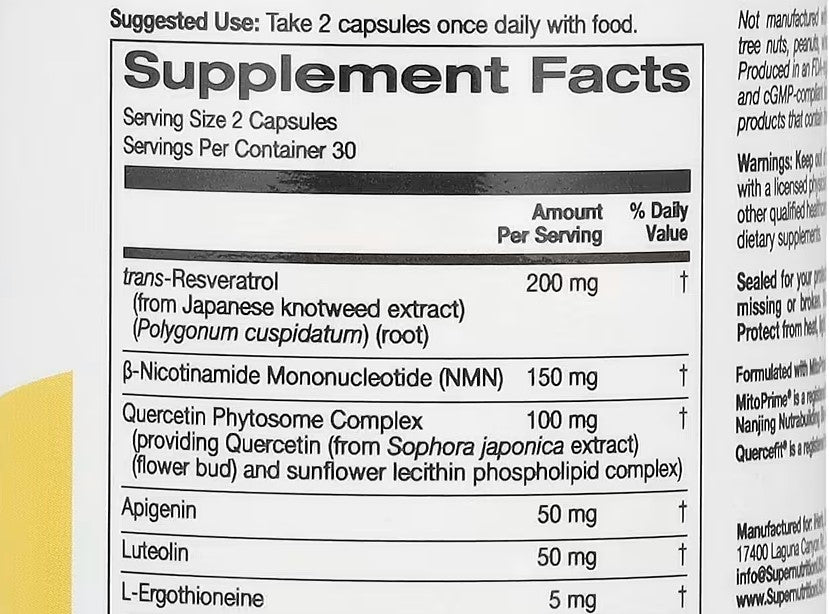 Super Nutrition, NMN Complex with trans-Resveratrol, Quercetin Phytosome Complex, Apigenin, and Luteolin, 60 Veggie Capsules