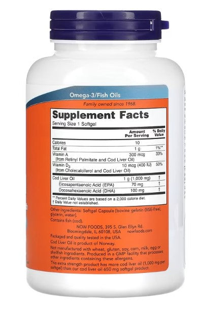NOW Foods, Cod Liver Oil, 1,000 mg, 180 Softgels