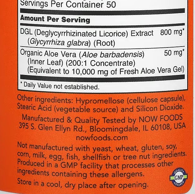 NOW Foods, DGL with Aloe Vera, 400 mg, 100 Veg Capsules