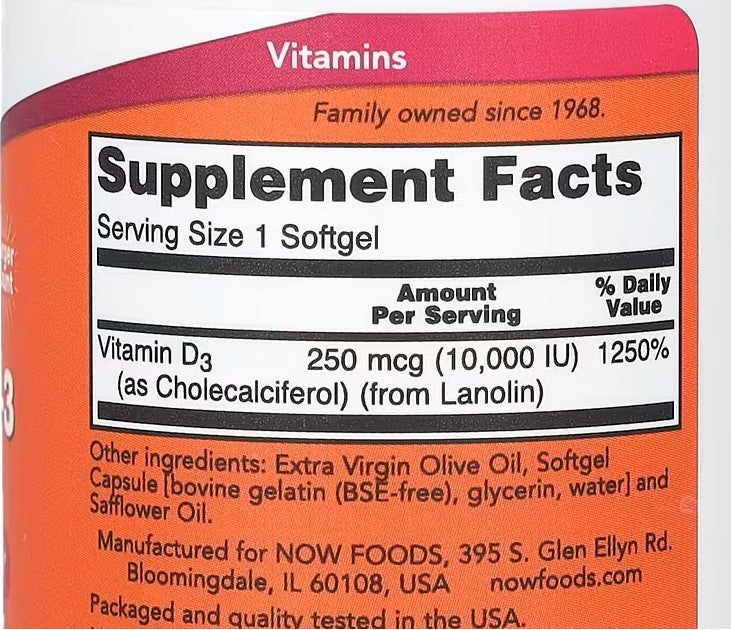 NOW Foods, Vitamin D-3, High Potency, 10,000 IU, 240 Softgels