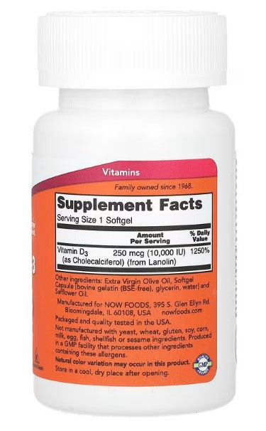 NOW Foods, Vitamin D-3, High Potency, 10,000 IU, 240 Softgels