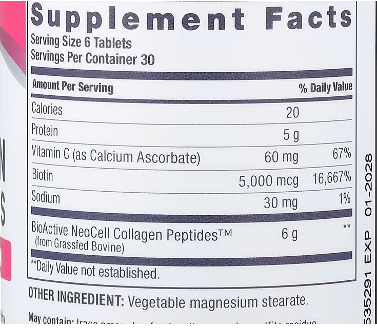 NeoCell, Grassfed Collagen Peptides + Vitamin C & Biotin, 180 Tablets