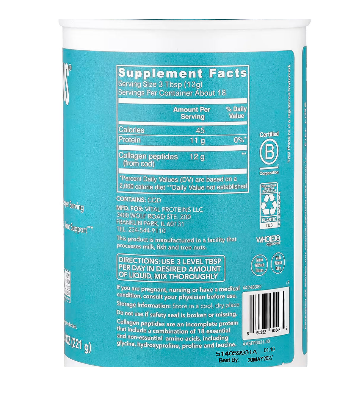 بروتينات حيوية، كولاجين بحري، بدون نكهة، 7.8 أونصة (221 جم)