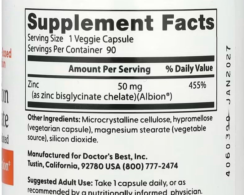Zinc Bisglycinate, 50 mg, 90 Veggie Caps, Doctor's Best, High Absorption