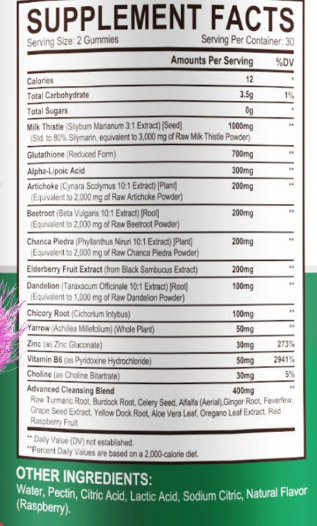 Liver Detox Cleanse Gummies(Milk thistle, Artichoke, Elderberry, Zinc, B6, Aloe vera)