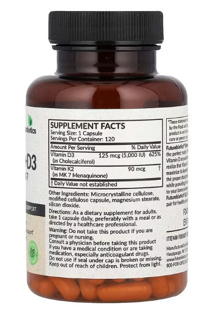Vitamin D3 + K2,5000 IU, 120 Capsules