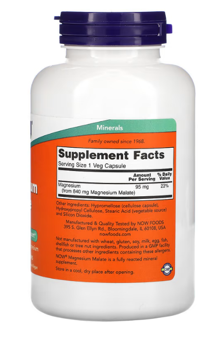 NOW Foods, Magnesium Malate Caps, 180 Veg Capsules