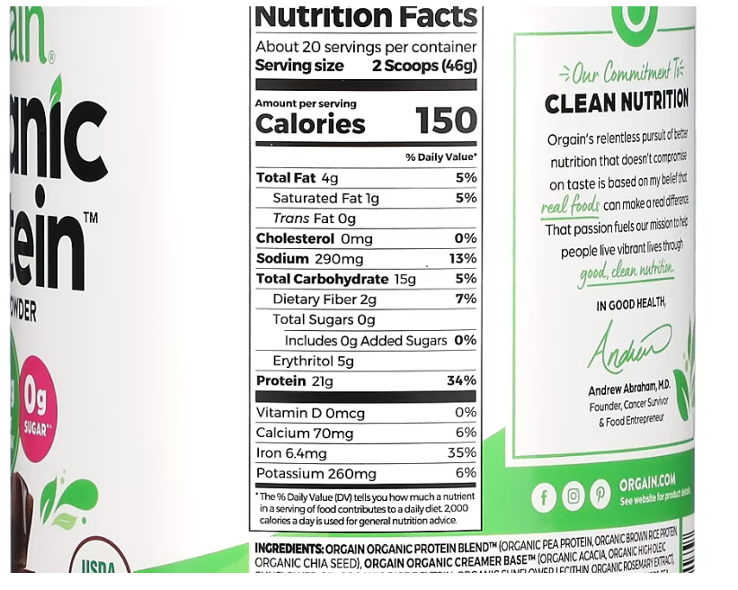 Orgain, Organic Protein Powder, Plant Based, Creamy Chocolate Fudge, 2.03 lbs (920 g)