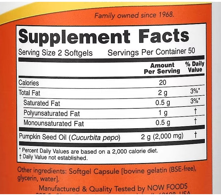 NOW Foods, Pumpkin Seed Oil, 1,000 mg, 100 Softgels (500 mg per Softgel)