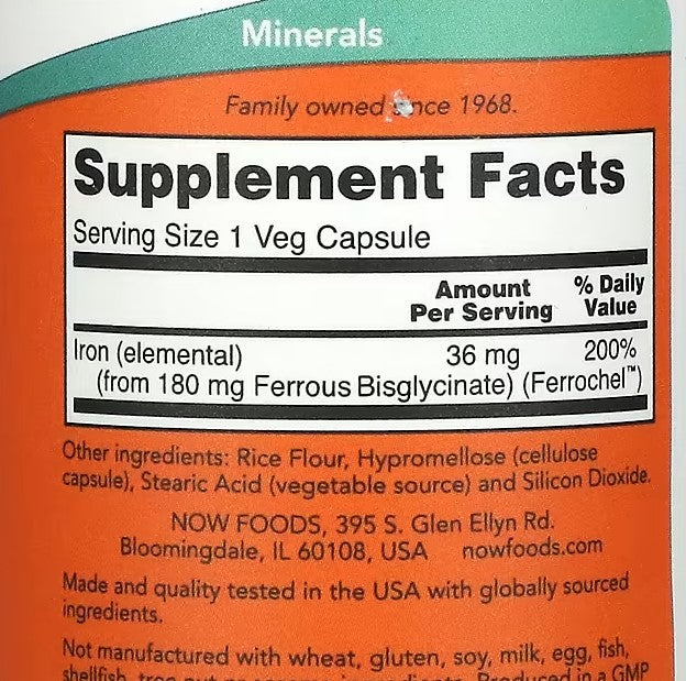 NOW Foods, Iron, Double Strength, 36 mg, 90 Veg Capsules