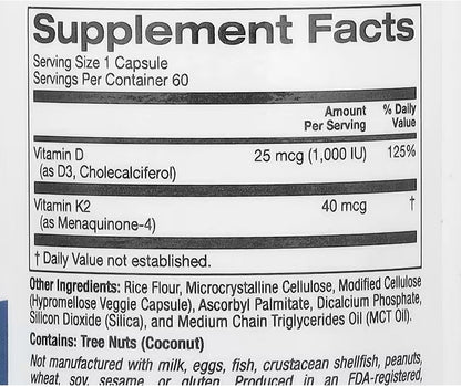 Lake Avenue Nutrition, Vitamin D3 + K2, 60 Veggie Capsules