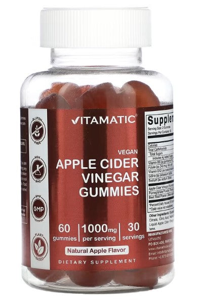 Vitamatic, Vegan Apple Cider Vinegar, Natural Apple, 1,000 mg, 60 Gummies (500 mg per Gummy)
