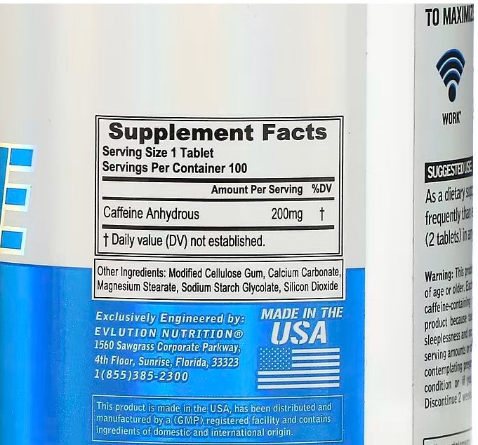 EVLution Nutrition, Caffeine, 200 mg, 100 Tablets