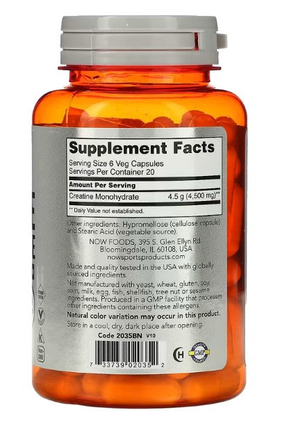 NOW Foods, Sports, Creatine Monohydrate, 4,500 mg, 120 كبسولة نباتية (750 ملغ لكل كبسولة) 