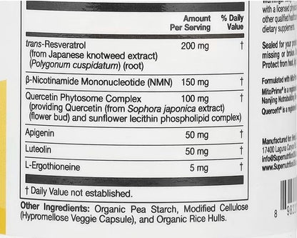 Super Nutrition, NMN Complex with trans-Resveratrol, Quercetin Phytosome Complex, Apigenin, and Luteolin, 60 Veggie Capsules
