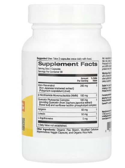 Super Nutrition, NMN Complex with trans-Resveratrol, Quercetin Phytosome Complex, Apigenin, and Luteolin, 60 Veggie Capsules