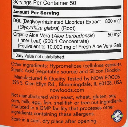 NOW Foods, DGL with Aloe Vera, 400 mg, 100 Veg Capsules