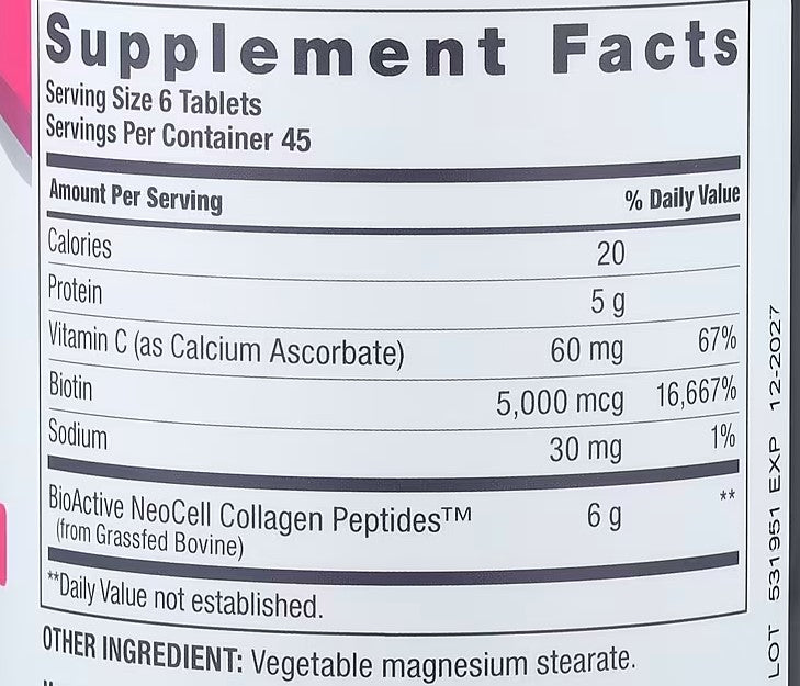NeoCell, Grassfed Collagen Peptides + Vitamin C & Biotin, 270 Tablets