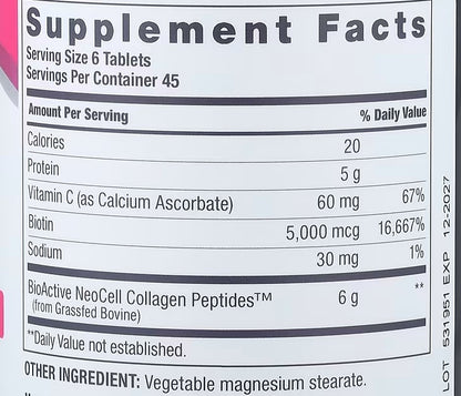 NeoCell, Grassfed Collagen Peptides + Vitamin C & Biotin, 270 Tablets