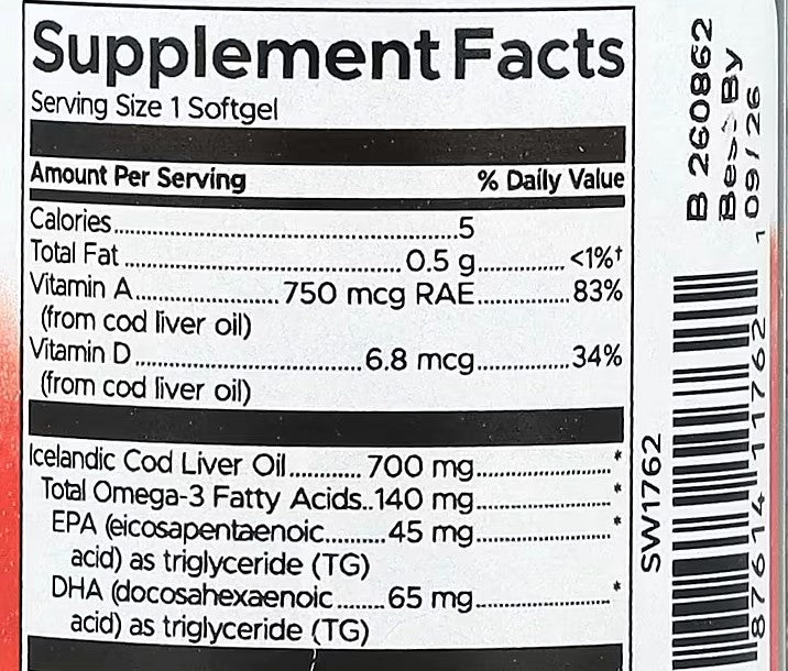 Swanson, Cod Liver Oil, Double Strength, 30 Softgels