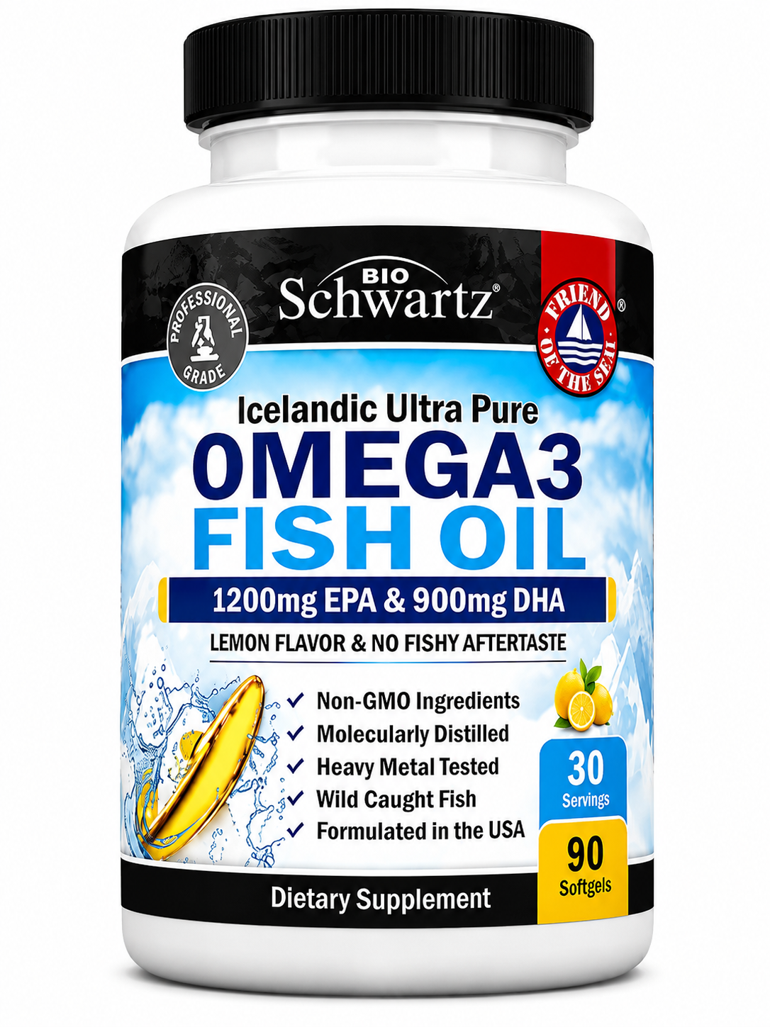 Premium Omega-3 Fish Oil, 1200mg EPA + 900mg DHA, 90 Softgels