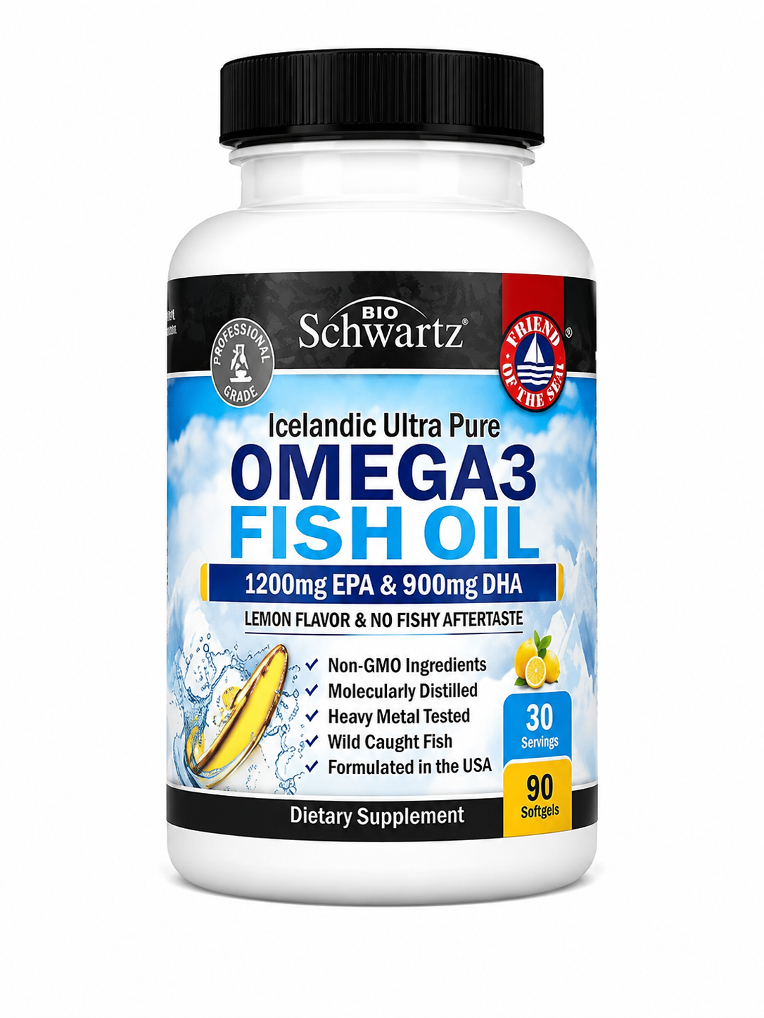 Premium Omega-3 Fish Oil 🐟🍋, 1200mg EPA + 900mg DHA,90 softgels,omega3