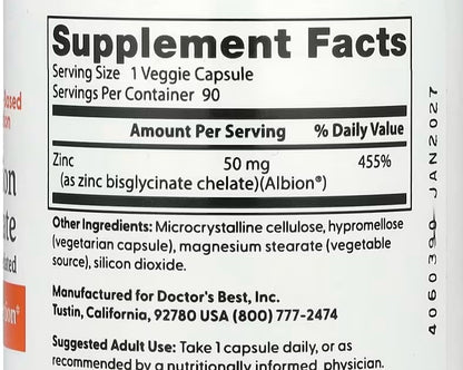 Zinc Bisglycinate, 50 mg, 90 Veggie Caps, Doctor's Best, High Absorption