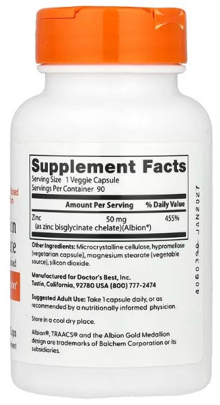 Zinc Bisglycinate, 50 mg, 90 Veggie Caps, Doctor's Best, High Absorption