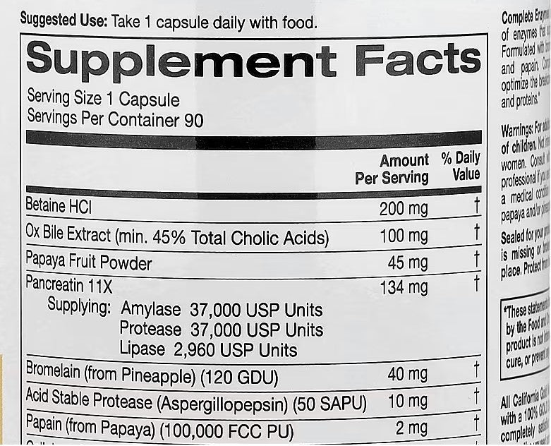Complete Enzymes with Betaine HCl, California Gold Nutrition , Ox Bile Extract, Full-Spectrum Enzymes, and Bromelain, 90 Capsules
