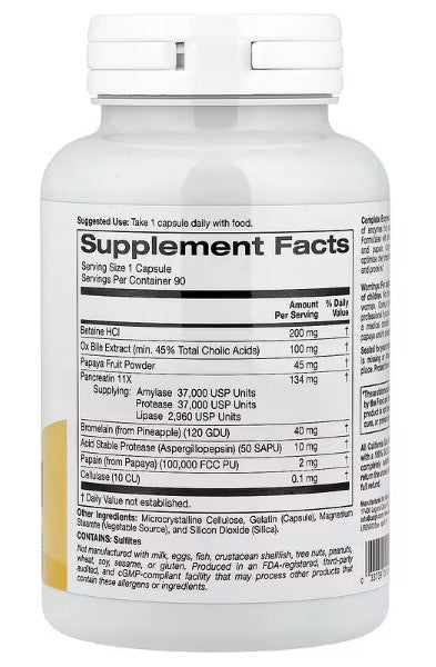 Complete Enzymes with Betaine HCl, California Gold Nutrition , Ox Bile Extract, Full-Spectrum Enzymes, and Bromelain, 90 Capsules