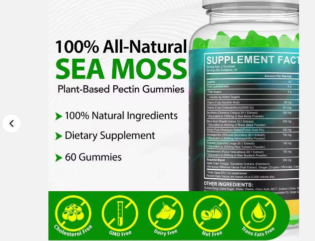 Sea Moss Shilajit Ashwagandha Black Seed Oil Ginger in one gummy, 60 Gummies