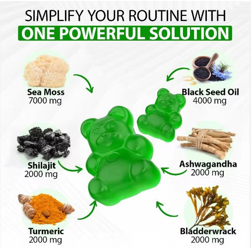 Sea Moss Shilajit Ashwagandha Black Seed Oil Ginger in one gummy, 60 Gummies