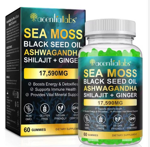Sea Moss Shilajit Ashwagandha Black Seed Oil Ginger in one gummy, 60 Gummies