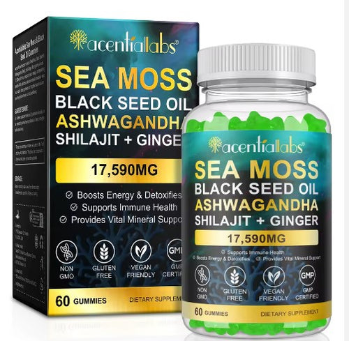 Sea Moss Shilajit Ashwagandha Black Seed Oil Ginger in one gummy, 60 Gummies